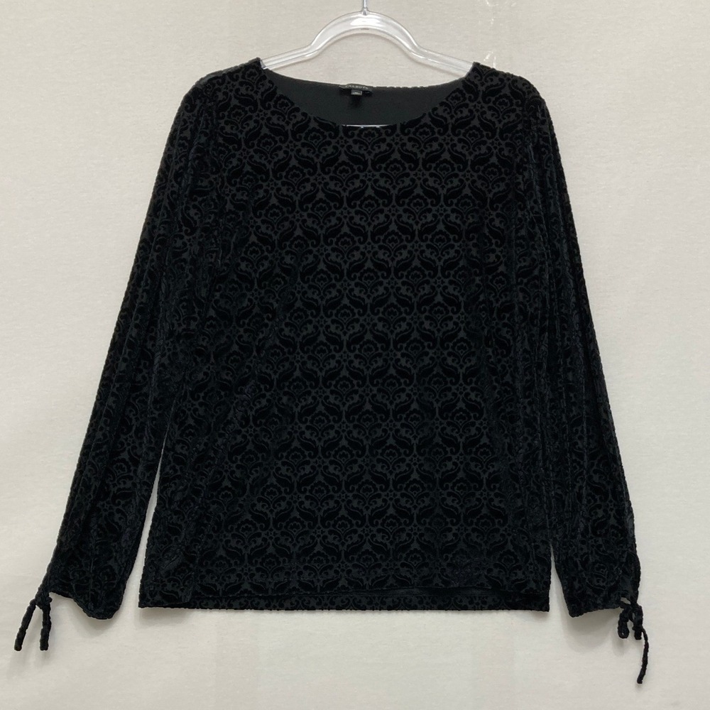 Talbots Blouse Size Medium Black Burnout Velvet Damask Tie Cuff Elegant Holiday